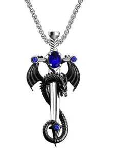 Trendy Vintage Multicolor Gemstone Dragon Sword Pendant Necklace, Fashion Stainless Steel Chain, Hip Hop Punk Jewelry