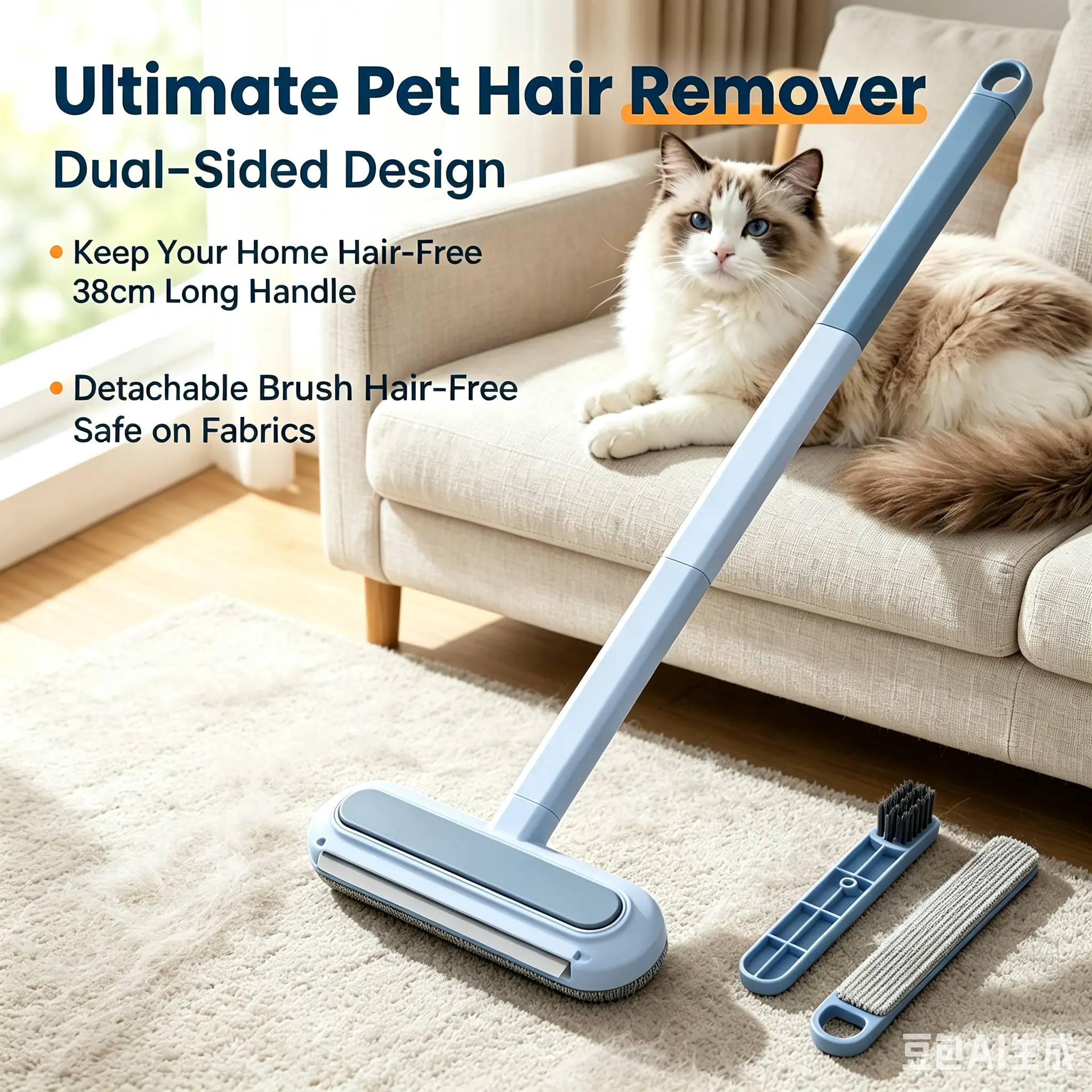Pet Hair Removal Brush for Cats and Dogs - Reusable hair remover tool with extended handle, easily cleans hair from sofa and carpet crevices
