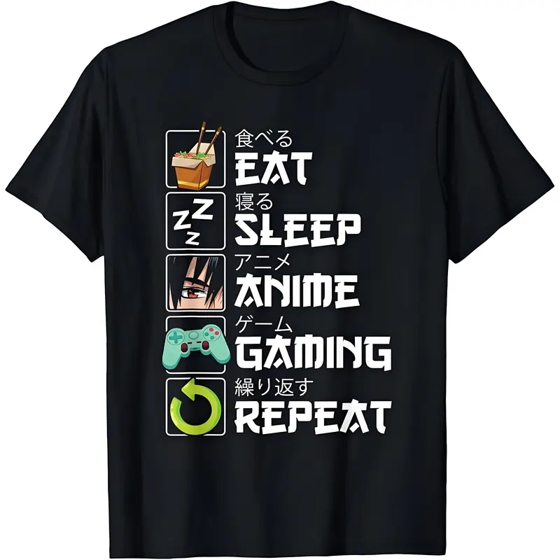 Men's Eat Sleep Anime Game Repetition Kawaii Otaku Anime Manga Casual Comfortable Fabric T-shirt