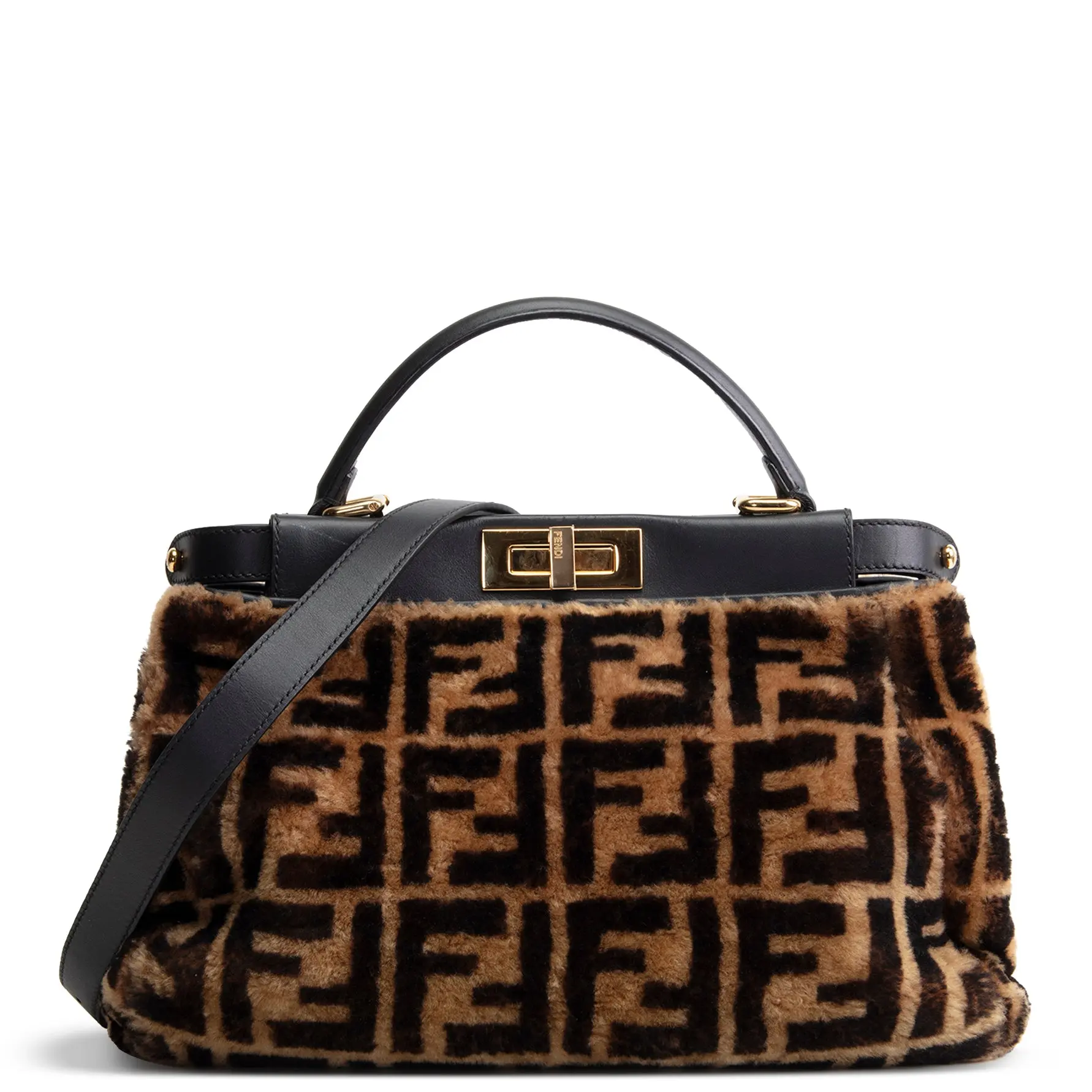Pre-owned FENDI FF Zucca Shearling Shoulder Bags Medium Zucca Shearling Peekaboo Bag