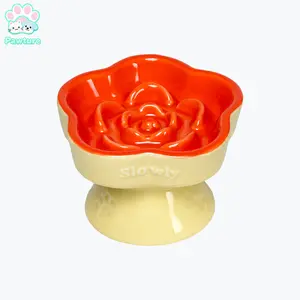 Ceramic Cat Slow Feeder, Elevated Cat Food Bowl Tilted Design, Slow Feeder Bowl no Black Chin, Flower Shaped Cute Cat Dish for Dry and Wet Food