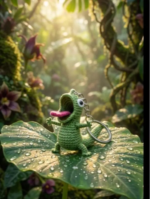 Handmade Crochet Funny Lizard Keychain - Quirky Amigurumi Chameleon Backpack Charm