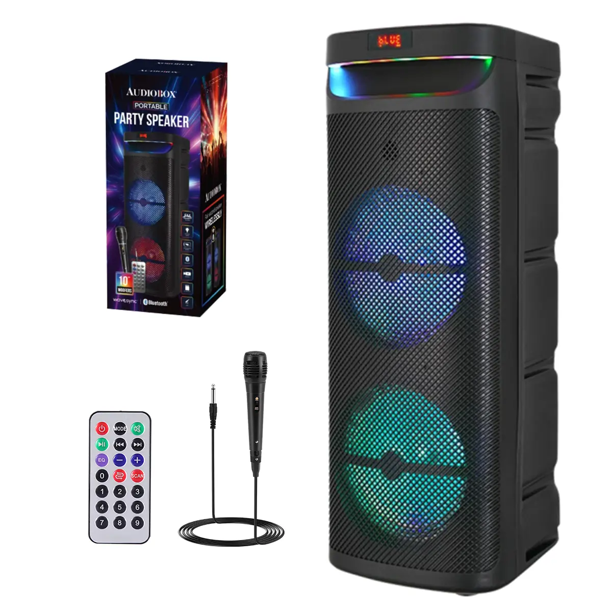 Dazone Dual 10" Subwoofer Party Bluetooth Speaker - 3000W Rechargeable PA Audio System, Karaoke Machine with Wired Microphone, Remote Control, DJ Stereo Loudspeaker, Flashing Light, Compatible with Tablet, Smartphone, Card (Indoor/Outdoor Use)