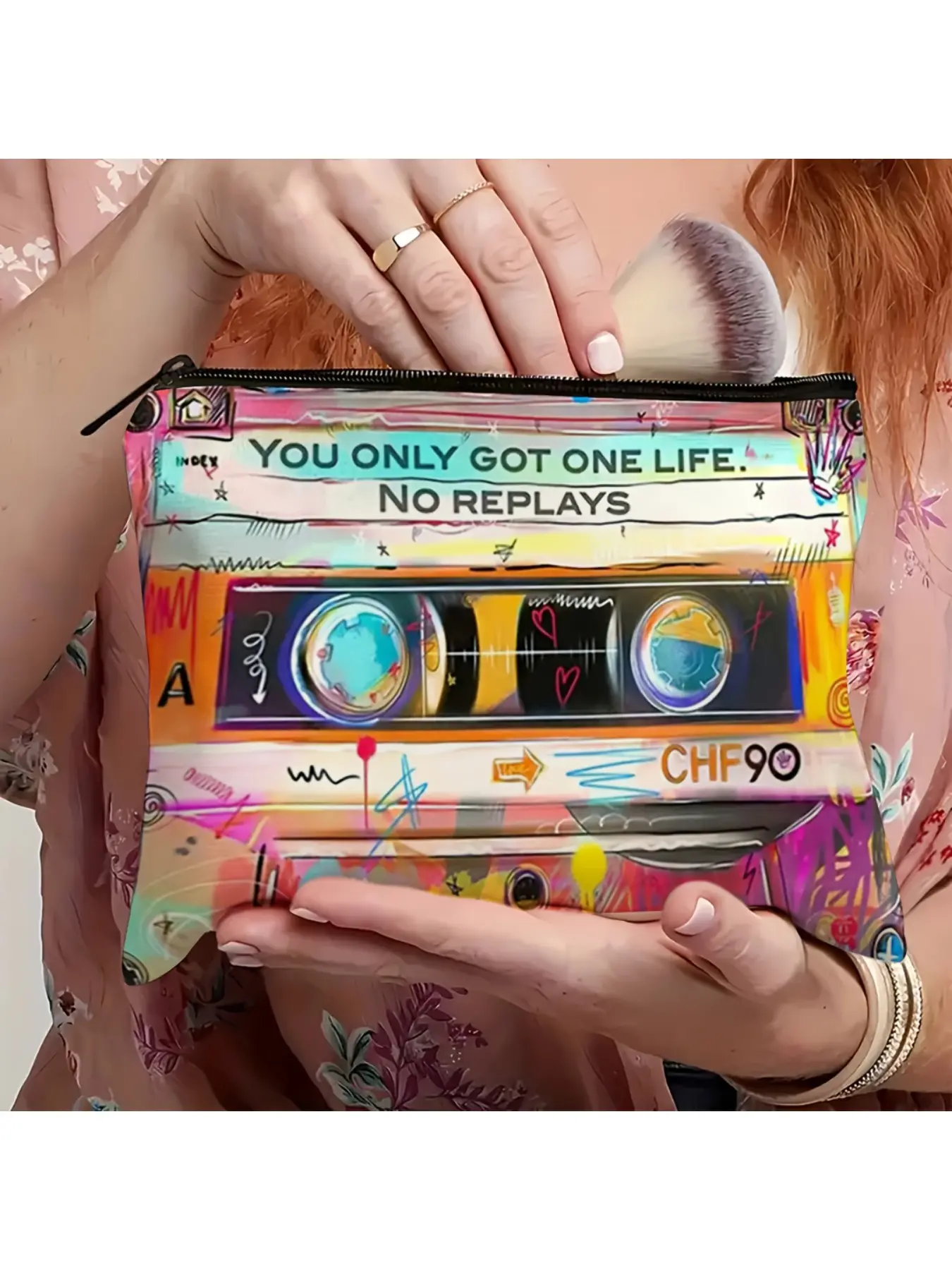 1 Retro Tape Makeup Bag - 80s Nostalgic Design, Cosmetic Bag, Cosmetics Bag, Cosmetic Travel Bags, Printed with Tape Pattern and "You Only Live Once" Label, Lightweight Zipper Closure Travel Camping Fitness Storage Bag - Unisex Portable Makeup Case