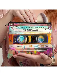 1 Retro Tape Makeup Bag - 80s Nostalgic Design, Cosmetic Bag, Cosmetic Travel Bags, Printed with Tape Pattern and "You Only Live Once" Label, Lightweight Zipper Closure Travel Camping Fitness Storage Bag - Unisex Portable Makeup Case