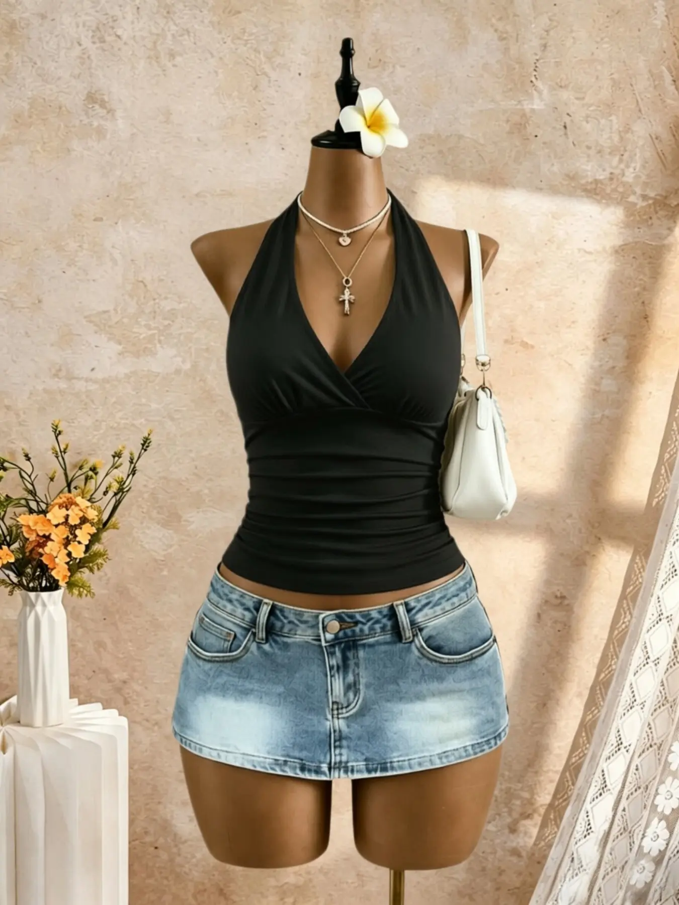 Basic Casual Halter Strap Top Crop Cami, Deep V Neck Backless Self-Tie Ruched Waist Slim Fit Short Sleeve Summer Beach Party for Women
