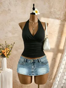 Basic Halter Strap Top, Deep V Neck Backless Self-Tie Ruched Waist Slim Fit Short Sleeve Summer Beach Party for Women