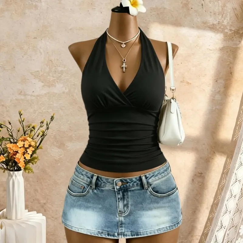 Women's Basic Casual Halter Strap Crop Top Strappy Tops, Deep V Neck Backless Self-Tie Ruched Waist Slim Fit, Suitable for Summer Beach Party