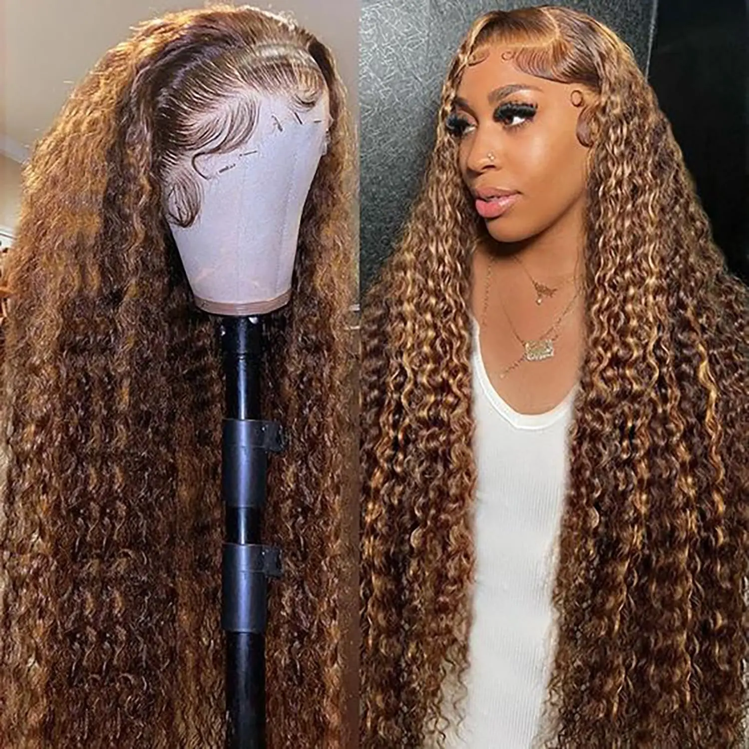 30 Inch Honey Blonde Wig Human Hair 13x6 HD Transparent Ombre Lace Front Wig Human Hair 4/27 Deep Wave Wig Glueless Curly Wigs for Women