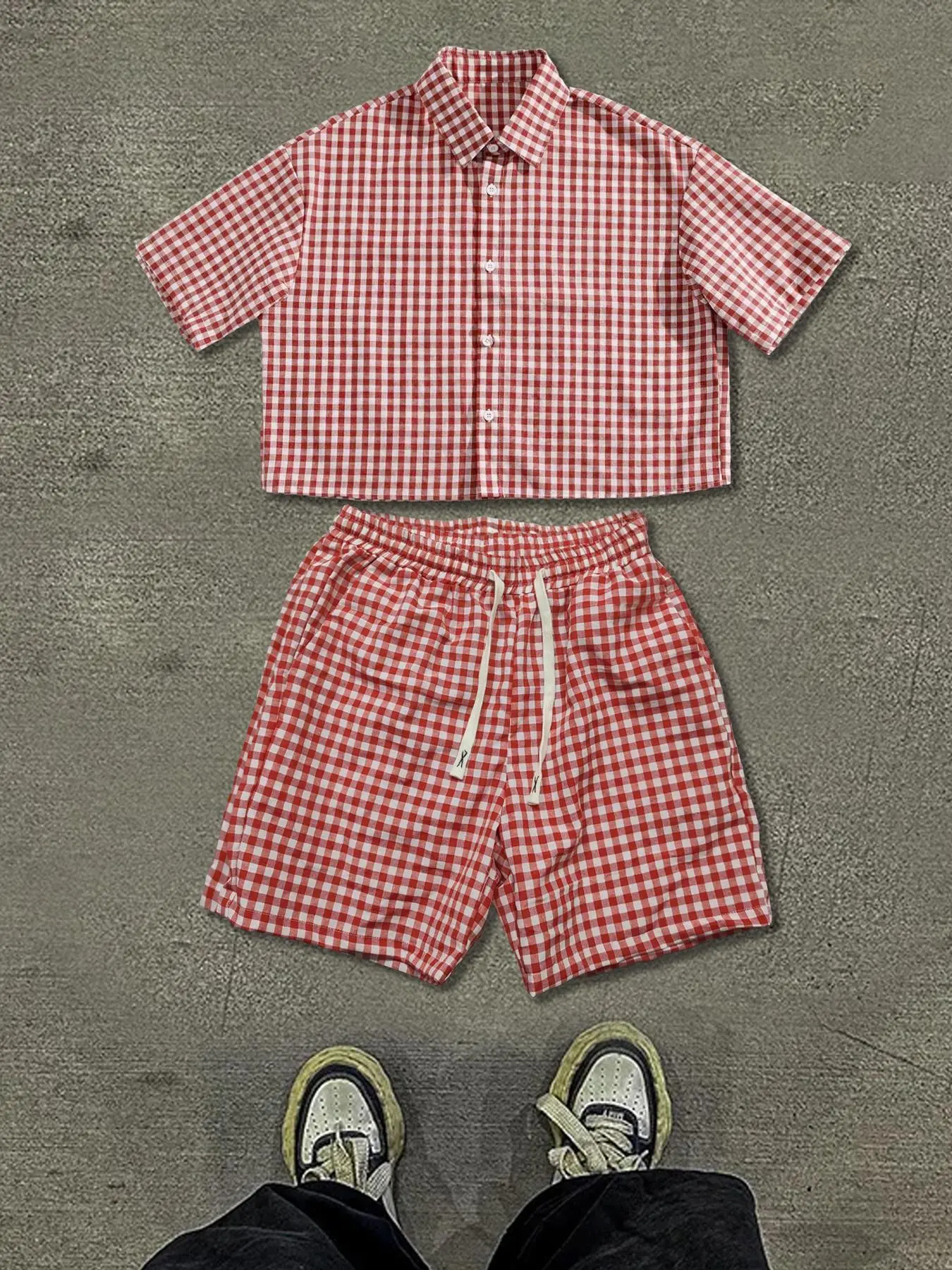 Two-Piece Set Men's Plaid Print Checkered Gingham Short Sleeve Crop Shirt & Shorts, Regular Fit Casual Street Shortsleeve Collared Top & Shorts, Men's Summer Menswear Checked Clothes