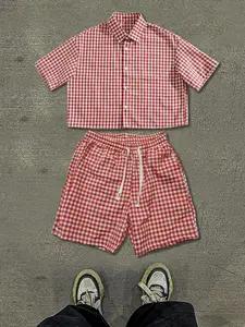 Two-Piece Set Men's Plaid Print Checkered Gingham Short Sleeve Crop Shirt & Shorts, Regular Fit Casual Street Shortsleeve Collared Top & Shorts, Men's Summer Menswear Checked Clothes