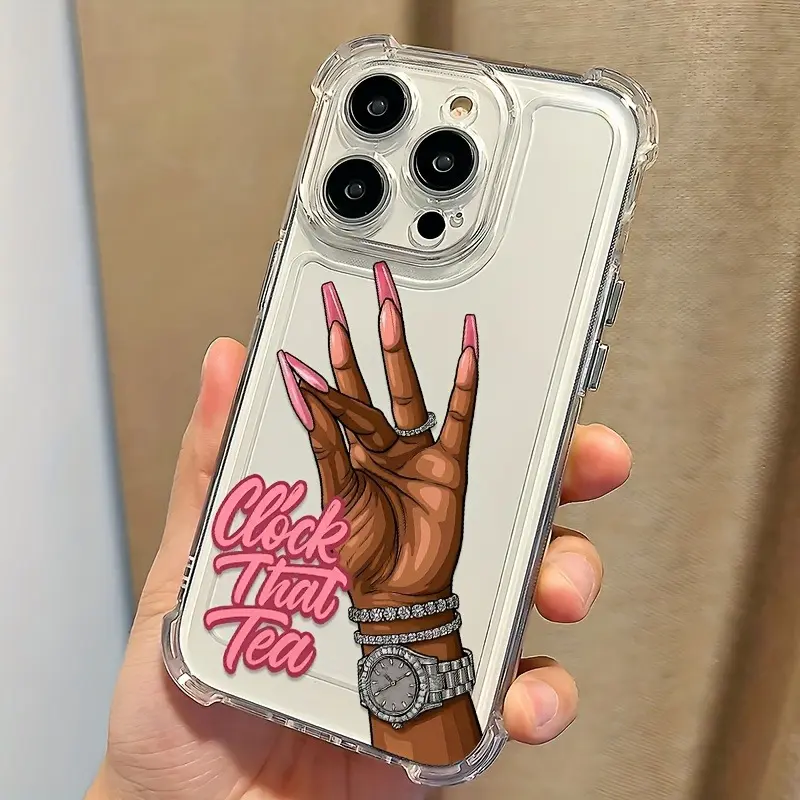 Pink Fashion Creative English Clock That Tea Design Suitable for iPhone 17 16e 16 15 14 13 12 11Pro Max Air X  XSMAX  A16 A55 A56Anti-Drop Transparent Soft Back Cover, Screen Protector, Shockproof Cover, Trendy Phone Case, Creative Print, D, Gift for Her