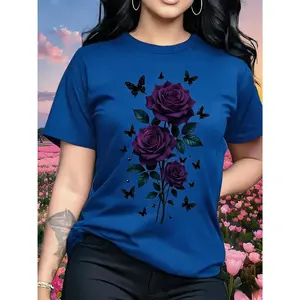 100% Cotton, Unique Romantic Rose Pattern Women's Fashion Casual T-Shirt, Short Sleeve Round Neck Top, Valentine's Day Gift, Travel Vacation, Party, Sweet and Elegant, Girlfriend Gift, Mother's Gift