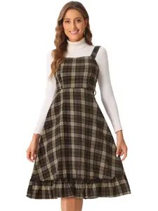 INSPIRE CHIC Plaid Dress for Women Ruffled Sleeveless Vintage Tie Waist A-Line Pinafore Overall Dresses