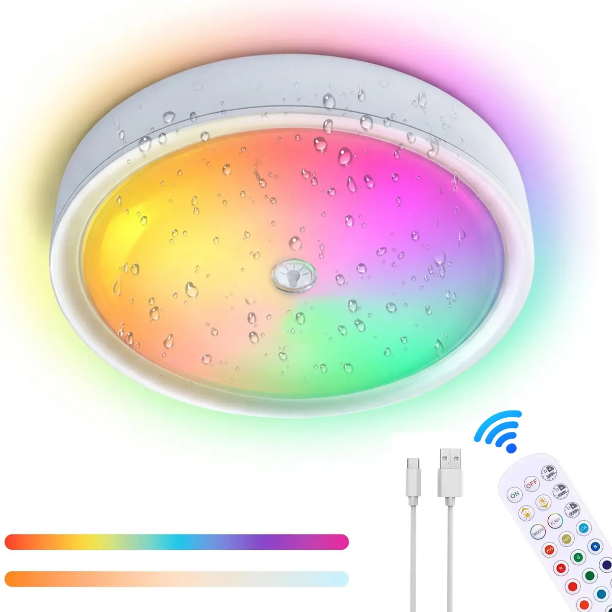 RGB LED Ceiling Light with Remote Control, Wireless Magnetic Mount, Waterproof Fixture for Bathroom Bedroom Patio, 360° Even Lighting