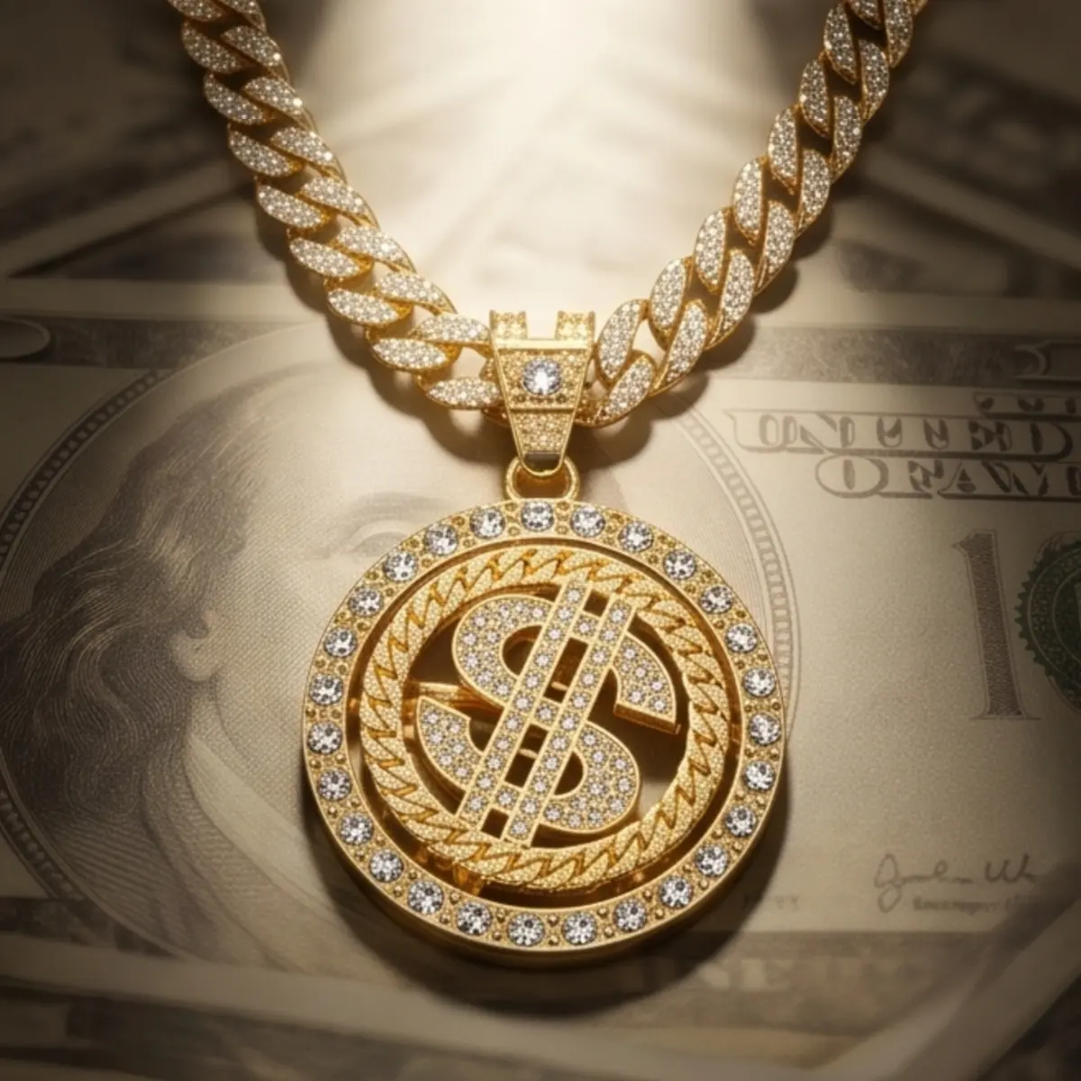 The pendant is 360° rotatable，18K Gold Plated Dollar Sign  for Men - Iced Out CZ Money Pendant with Rotatable Spinner - 27.5" Cuban Chain - Hip Hop Fashion Jewelry & Halloween Costume Accessary holiday haul christmas birthday anniversary necklace gift