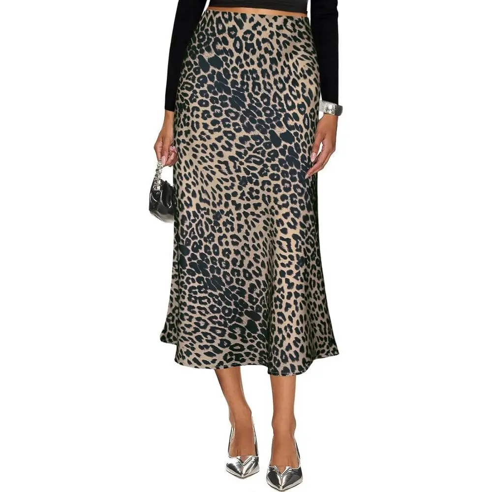 LEVEN SIXTEEN Cheetah Print Satin Midi Skirt - Women's High Waist A-Line Skirt with Elastic Waistband Leopard Brown Medium