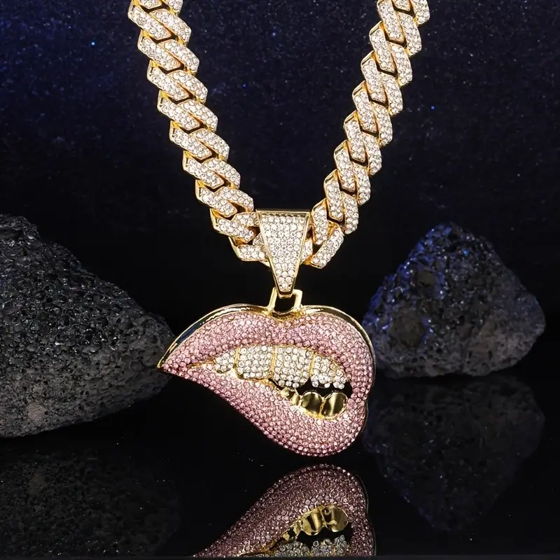 1pc Pink Lip Pendant Necklace for Women with Choker Ice Cuban Chain Miami Men'S And Women'S Hip Hop Cuban Link Chain Necklace for Women Men Jewelry Gift Birthday Gift, Mother'S Day Gift, Family Gift