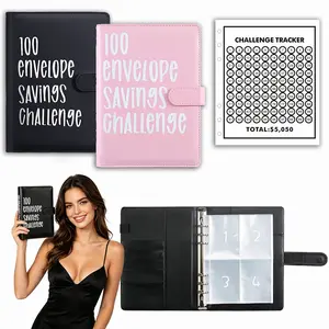 A5 Size 100 Envelope Savings Challenge Notebook With Soft PVC Cash Pouches Budget Check Card Black Purple Color Choices