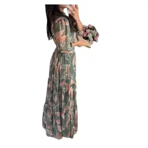 Women's 2026 Summer New V-Neck Elegant Printed Long Sports Dress, Breathable Sports & Outdoor Clothes