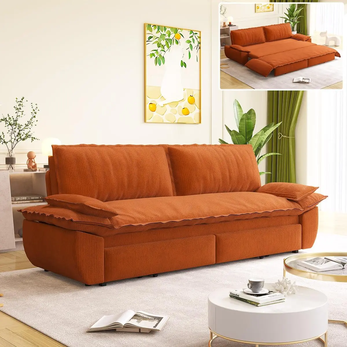 73.2" Queen Size Pull Out Couch, 3-in-1 Convertible Sofa Bed with 2 Soft Pillows, Futon Sofa Bed with Dual-Length Chaise, Corduroy Loveseat Couches for Living Room, Apartment & Small Space, Orange