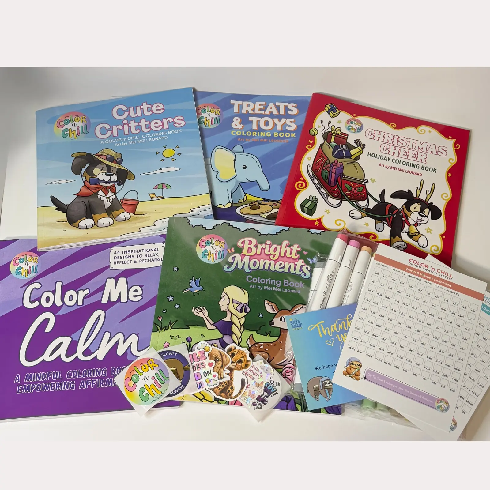 Cute & Cozy Pre-Printed Coloring Books Set - 5-Piece Color n Chill Collection, 24-Piece Ohuhu Markers Set, Swatch Cards, Premium Paper Coloring Supplies, Cute Coloring Books