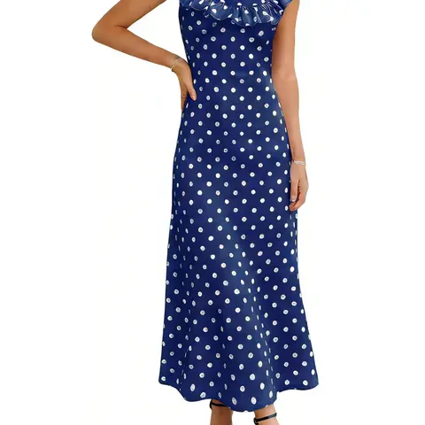 Yousify Women's Polka Dot Long Maxi Dress - Boho Casual Elegant Breathable Beach Holiday Dress, Sleeveless/Off-Shoulder, Backless Slim-Fit Bodycon, Soft Fabric, Hand Wash, Summer Vacation Wear, Beach Holiday Dresses