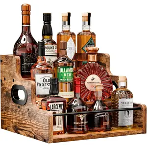 3 Step Countertop Liquor Bottle Display Shelf, Coffee Syrup Rack Organizer, Retro Home Bar Shelf Stand for Liquor Wine Whiskey Spirits, Ideal for Mini Bar and Liquor Cabinet