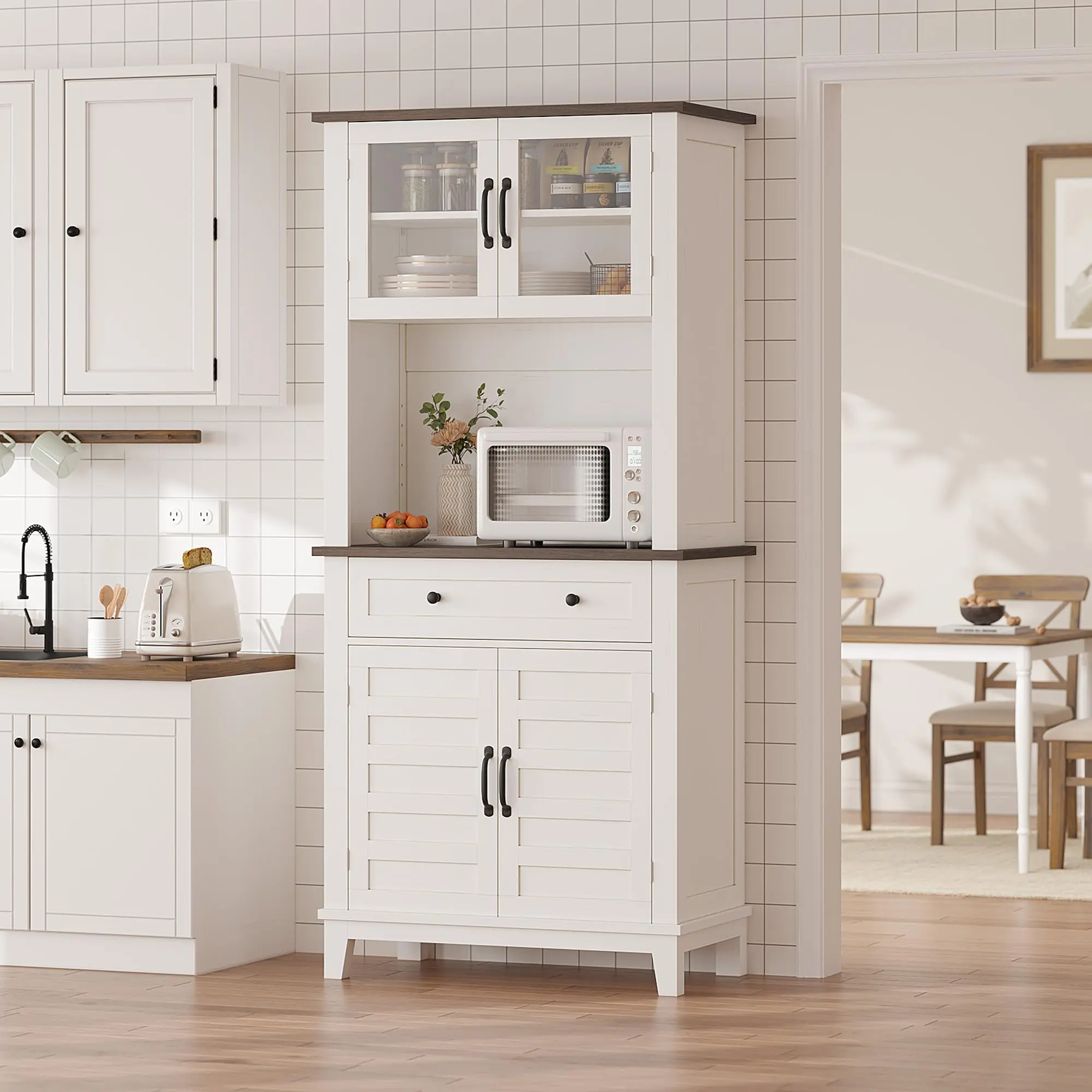 Garvee 72 in Tall Kitchen Pantry Cabinet, Kitchen Hutch Bar Cabinet with Microwave Stand, Cupboard with Drawers Glass Doors for Dining Room, 32" Wide, White