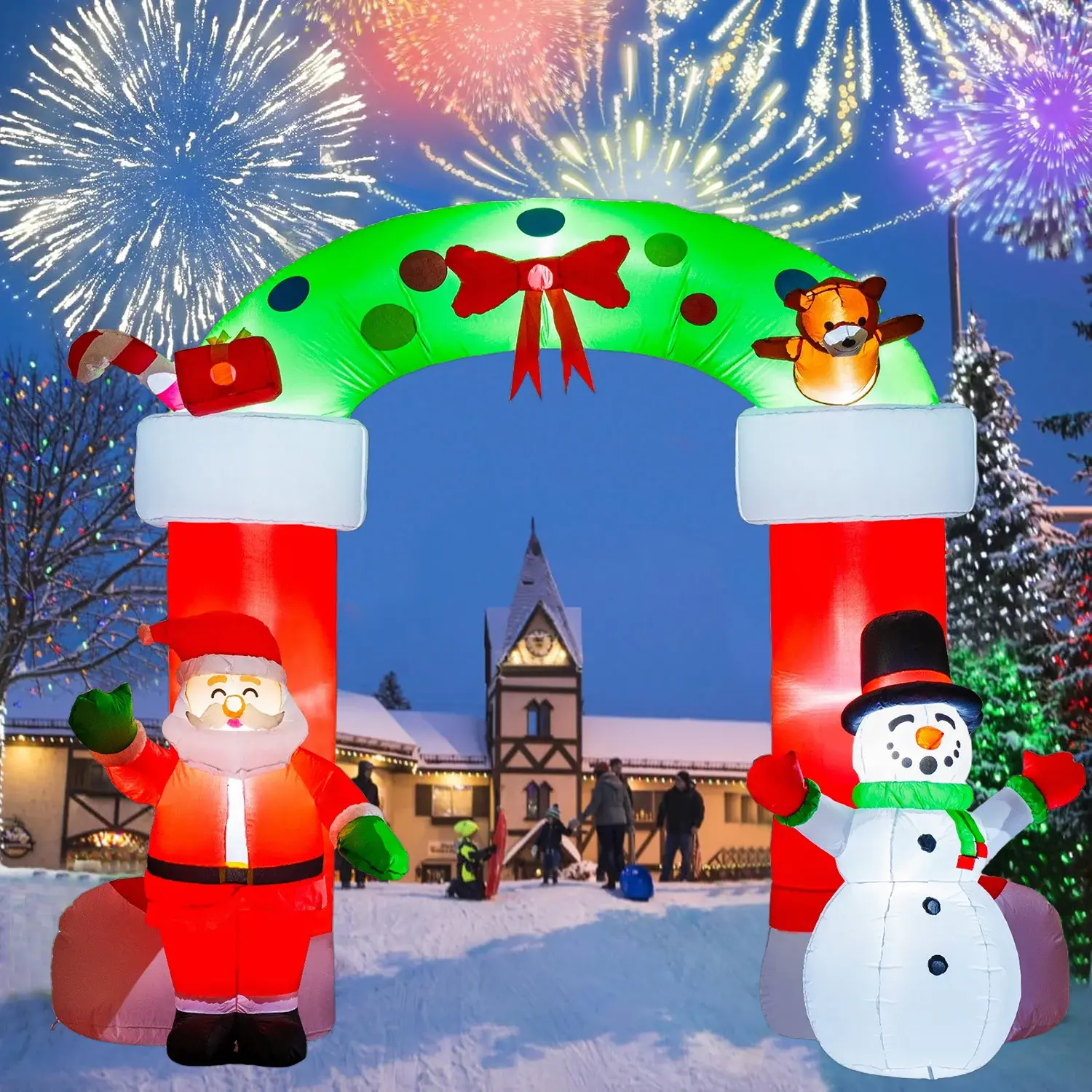 8ft Inflatable Christmas Arch with Santa Claus & Snowmen Figures, Sturdy Frame, Heavy-Duty Durable Structure, Outdoor Holiday Landscape Decoration, Single Unit for Lawns & Terraces, Christmas Ornaments Party Supplies
