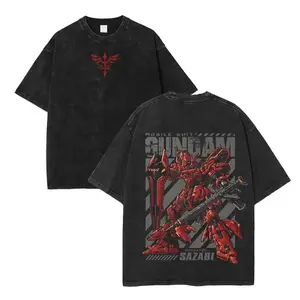 Gundam Sazabi Anime Washed Oversize T-Shirt – Red Mecha Mobile Suit Graphic Tee, Char’s Custom Design, Streetwear Look, Gift for Him, Unisex Fit