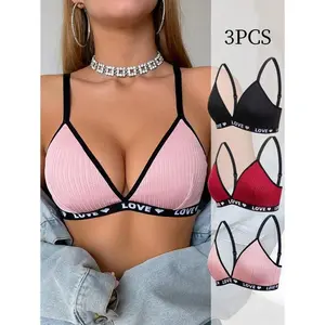 3pcs Letter Print Wireless Push Up Triangle Brassiere Bras For Women