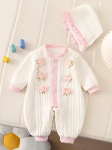 Cute Floral Baby Knit Romper with Hat, Essential Spring & Fall for Girls, Perfect Gift for New Year, Valentine's, and Mother's Day，valentines goodies，valentines day baby gift ideas，newyearnewme，daily must-have