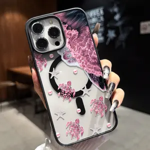 Pink black marble patterned turtle pattern, anti drop and anti slip support MagSafe charging phone protective case, suitable for iPhone 17 16 15 14 13 12 11 XS X and other series models, can be given as a gift to friends or family
