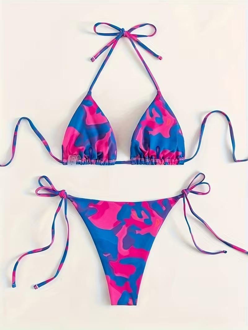 Camouflage Neck V-Neck 2pcs Bikini, Triangular Lace-Up, Back Halter Tie, Side High-Breasted Swimsuit, Women'S Swimwear And Clothing