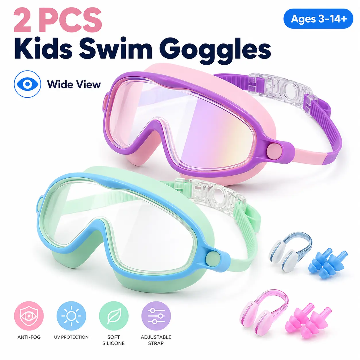 2 PCS Kids Swim Goggles with PC Lenses, Anti-Fog Wide View Swimming Goggles for Boys Girls Ages 3-14+, Pool, Beach & Lake