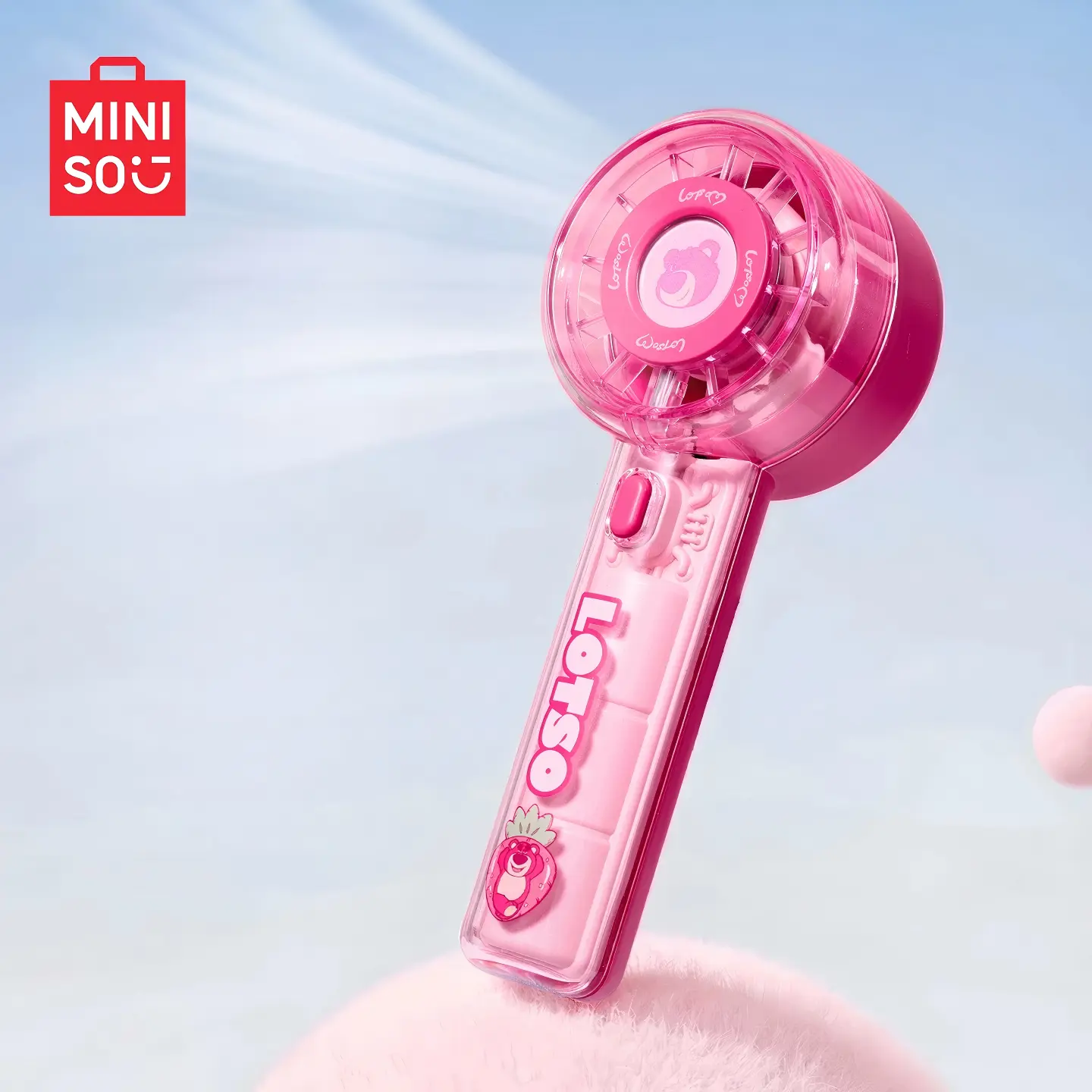 MINISO Disney Pixar Lotso Strawberry Bear Transparent Turbo Fan - Cute Portable Cooling Fan for Summer Use - Lightweight & Stylish Design