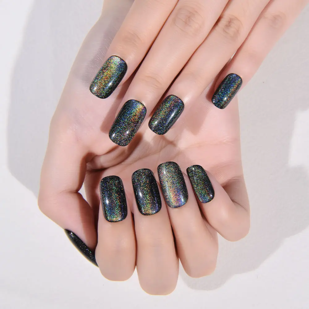 Kaely 24Pcs Cat Eye Press on Nails Square Medium, Glue on Nails Medium Length Square for Women, Black Metallic Nail press ons, Iridescent Glitter Halloween Acrylic Fake Press on Nail