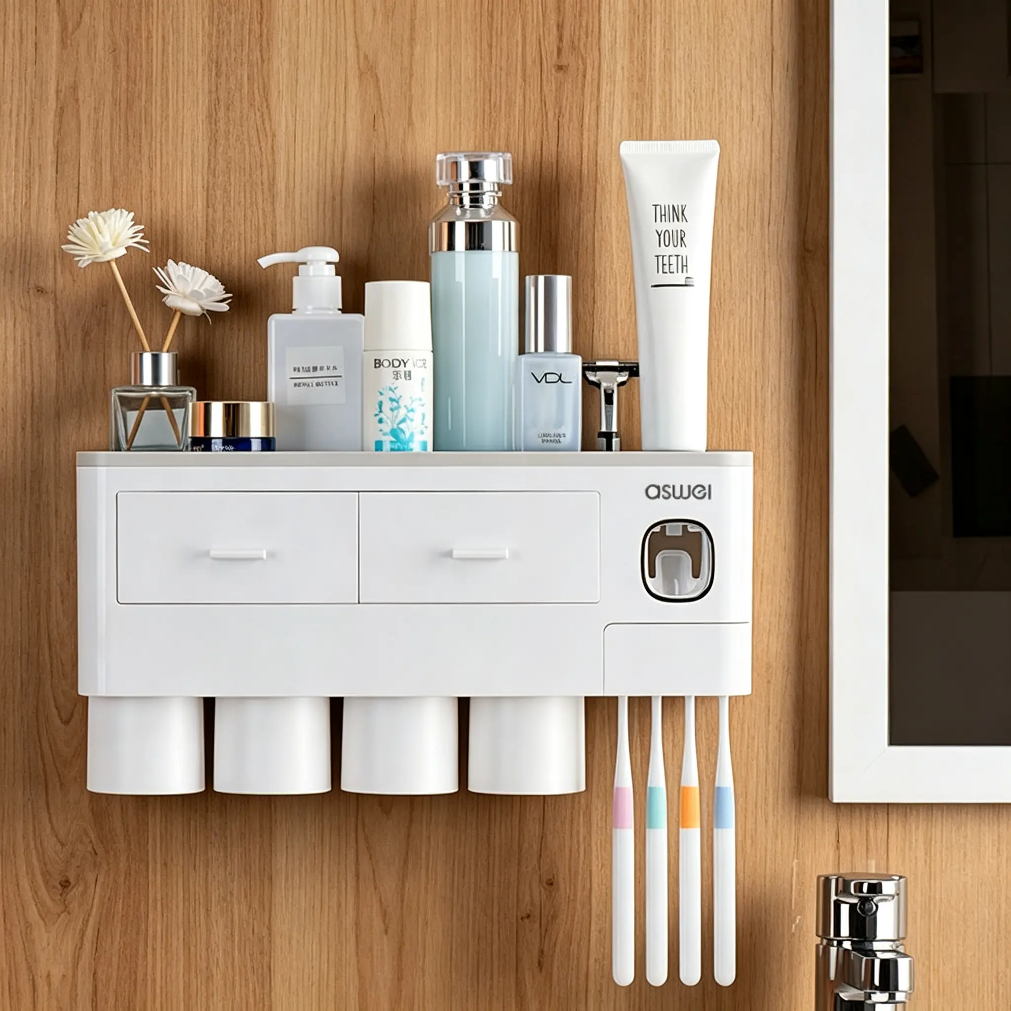 2-4 Cup Toothbrush Holders for Bathrooms - Wall Mounted with Toothpaste Dispenser - CosmeticDrawe, Large Capacity Tray & Bathroom Accessories Bottles Home Goods Organizer Organizing tiktokshopspringglowup summervibes