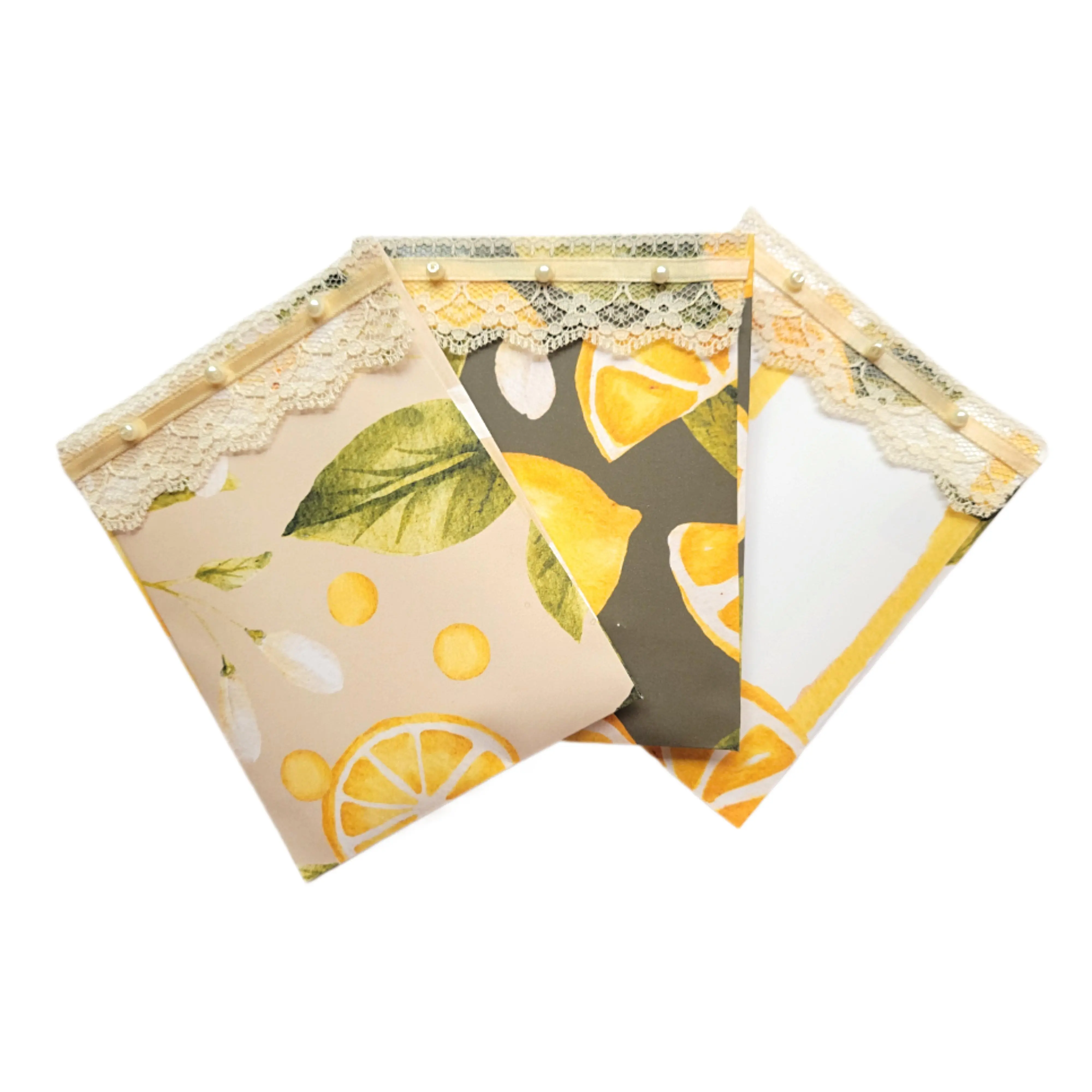 Chic Brico Pearls & Lace Lemongrass Scented Drawer, Closet & Car Sachets, Large Size 4" x 5", 3-Pack
