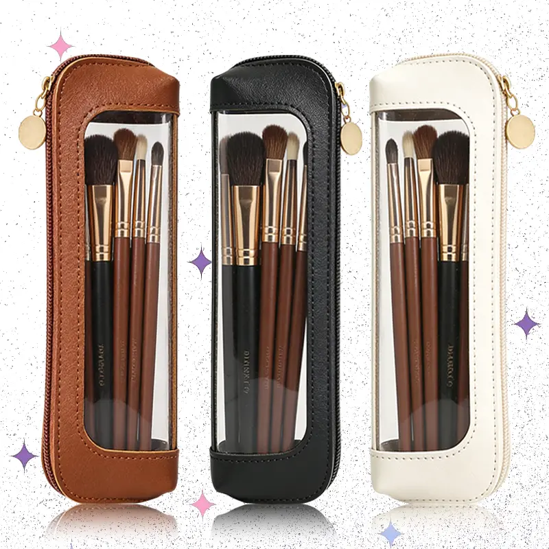 Portable Lightweight PVC Makeup Bag with Makeup Brushes - Multi-Functional Zipper Pouch, Smooth Single Item Organizer for Travel & Stationery Storage, Trendy Girls' Beauty Tool Essential