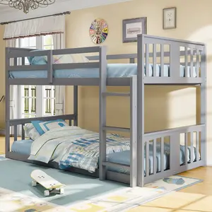 Twin Over Twin Low Bunk Bed with Ladder, Wood Bunk Bed Frame for Kids, Gray