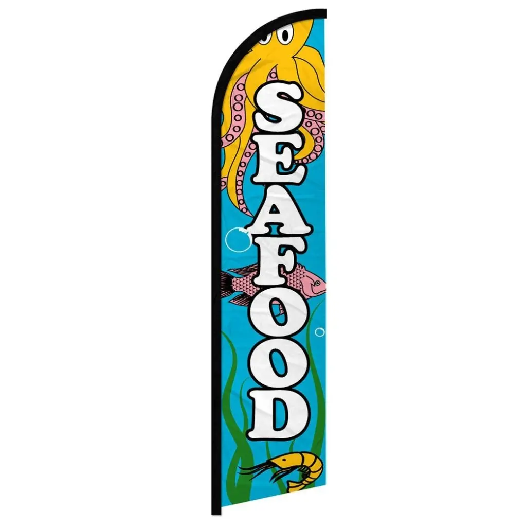 Seafood Windproof Outdoor Banner, 11.5x2.5 ft Standing Banner, Polyester Knit Material, Curved Sleeve Design for Home & Festive Party Backdrops, Outdoor Banners