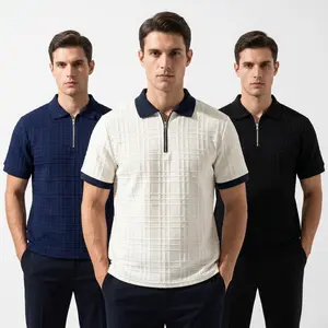Quarter Zip Polo Shirts for Men, Casual Textured Grid Short Sleeve Polo, Premium Breathable Summer Golf Shirt, Contrast Collar Tactel Tee