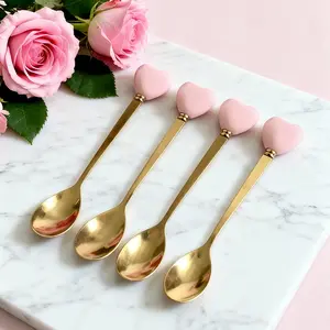 Elegant Heart-Shaped Ceramic Handle Coffee Spoons Set, Tea Scoop, Stainless Steel, Perfect for Afternoon Tea, Cafe and Desserts, Ideal Gift