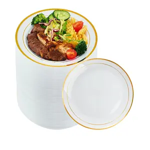 10 Pieces Gold Plastic Plate, Disposable Salad, Dessert Plate, White High Quality Hard Plastic Appetizer Plate with Gold Edge, Wedding & Party Petit Cake Plate to Put in Microwave