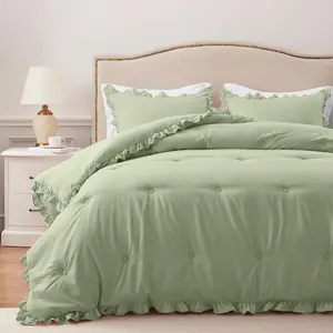 Twin Comforter Green - Ruffle Comforter for Twin Size, Fluffy Twin Size Comforter for Seasons, 2 Comforter Sets(1 Comforter  1 Pillow Sham)