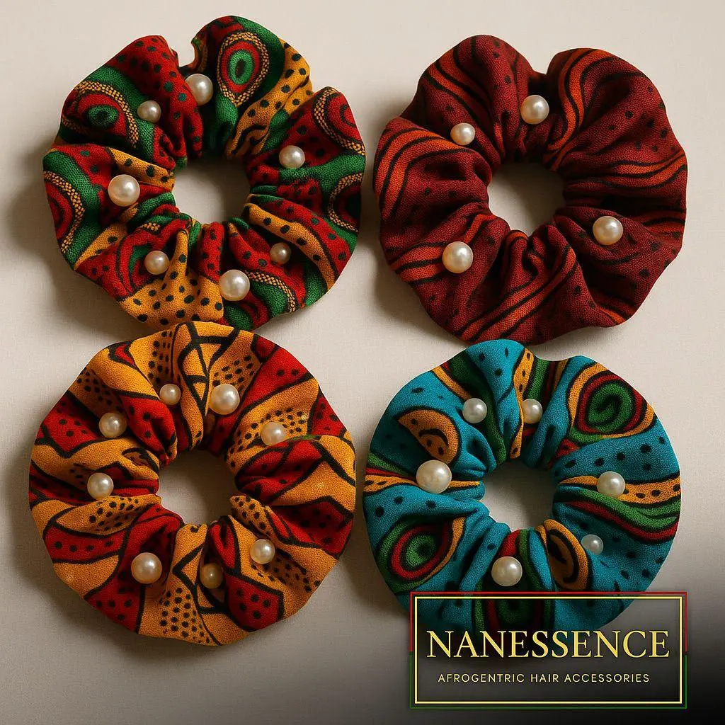 Women's Afrocentric Hair Scrunchies, Set of 2 Handmade Ankara Print Fabric Band with Pearl Accents for a Gentle, Protective Grip, Ethnic, Gentle Hold, Elastic & Durable, Female, Everyday, Hand Wash, Birthday, Casual, Cute, Daily, Dual Pack, Round, Friends