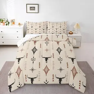Feelyou Bohemian Comforter Set - Decorative Bedding Set with Aztec Symbols, Western Abstract Horns, Mysterious Beige Retro Minimalist Art, Breathable Polyester Fiber, Multi-Size Duvet Quilt