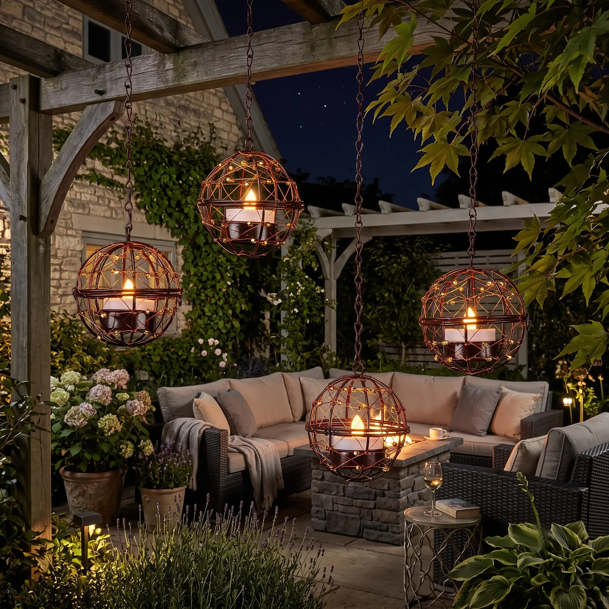 4-Pack Outdoor Hanging Solar Lanterns, Waterproof Metal Sphere Tea Light Holders with Warm Flickering LED Solar Candles, Tree Branch Garden Art Decor for Patio, Backyard
